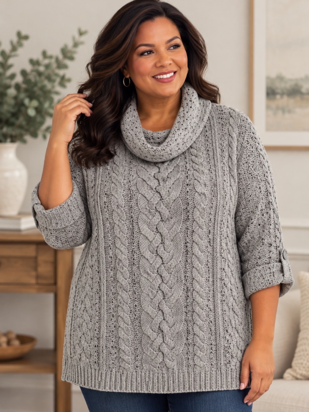 CJ Banks 2X Gray Cable Knit Cowl Neck Lightweight Sweater Tunic